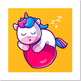 Cute Unicorn Sleeping On Heart Love Cartoon Posters and Art